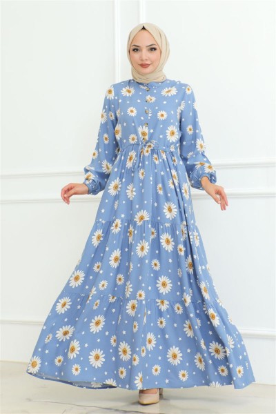 Papatya Desenli Tesettür Elbise MAVİ - Thumbnail