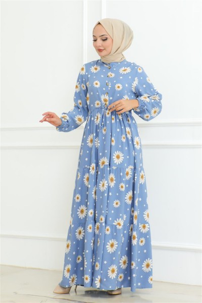 Papatya Desenli Tesettür Elbise MAVİ - Thumbnail