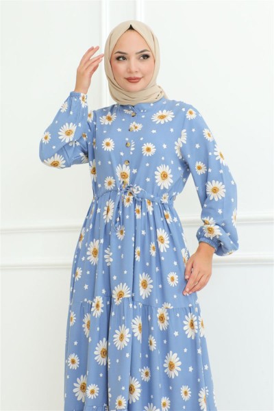 Papatya Desenli Tesettür Elbise MAVİ - Thumbnail
