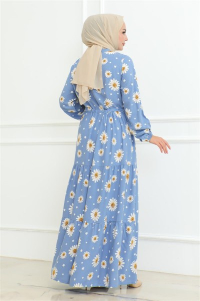 Papatya Desenli Tesettür Elbise MAVİ - Thumbnail