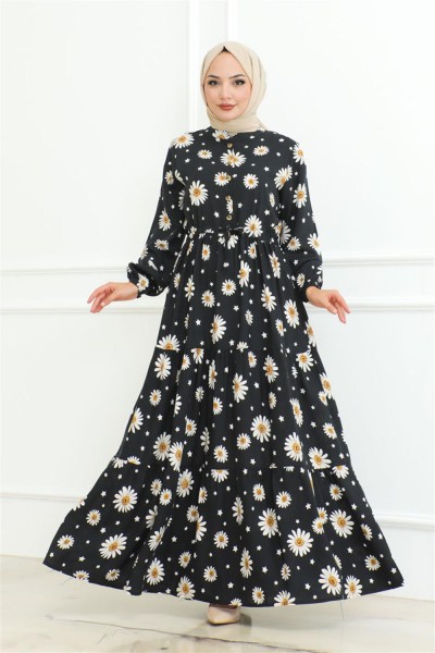 SGS - Papatya Desenli Tesettür Elbise SİYAH