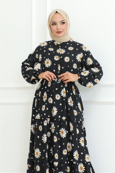 Papatya Desenli Tesettür Elbise SİYAH - Thumbnail