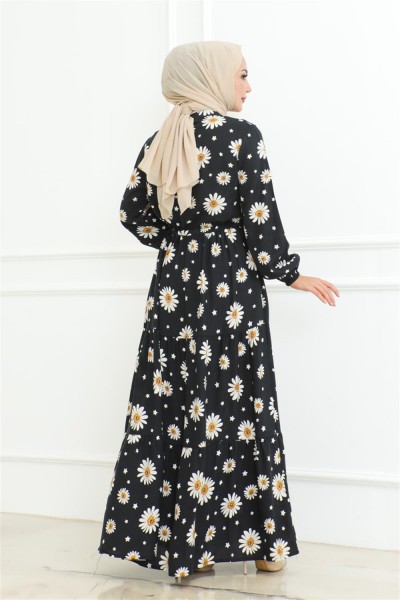 Papatya Desenli Tesettür Elbise SİYAH - Thumbnail