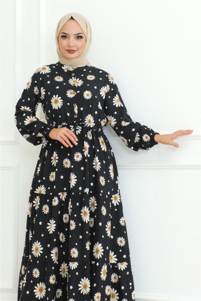 Papatya Desenli Tesettür Elbise SİYAH - Thumbnail