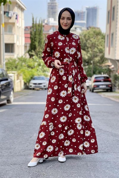 SGS - Papatyalı Viskon Elbise BORDO