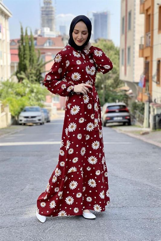 Papatyalı Viskon Elbise BORDO - 2