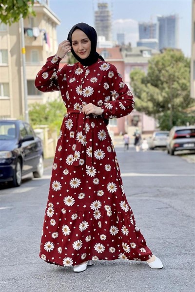 Papatyalı Viskon Elbise BORDO - Thumbnail