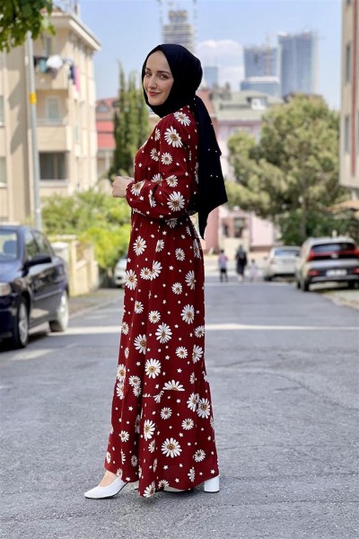 Papatyalı Viskon Elbise BORDO - Thumbnail