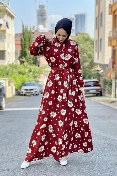 Papatyalı Viskon Elbise BORDO - Thumbnail