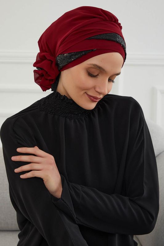 Parlak Payetli Özel Tasarım Şifon Hazır Türban,HT-47P Bordo - Siyah - 6