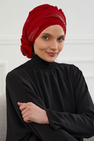 Moda Çizgi - وشاح شيفون جاهز بتصميم خاص مزين بالترتر اللامع، HT-47P أحمر