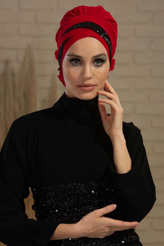 Parlak Payetli Özel Tasarım Şifon Hazır Türban,HT-47P Kırmızı - Siyah - 1
