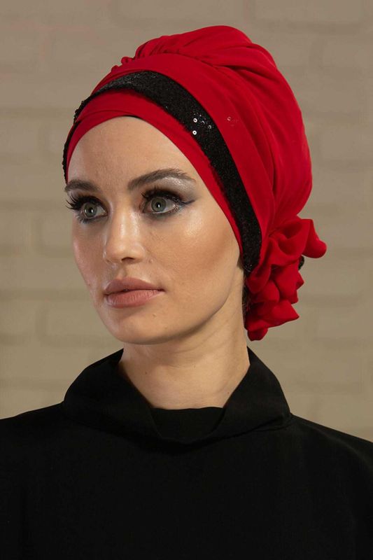 Parlak Payetli Özel Tasarım Şifon Hazır Türban,HT-47P Kırmızı - Siyah - 2
