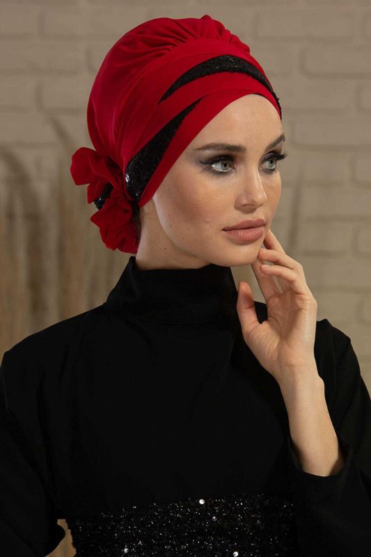 Parlak Payetli Özel Tasarım Şifon Hazır Türban,HT-47P Kırmızı - Siyah - 3