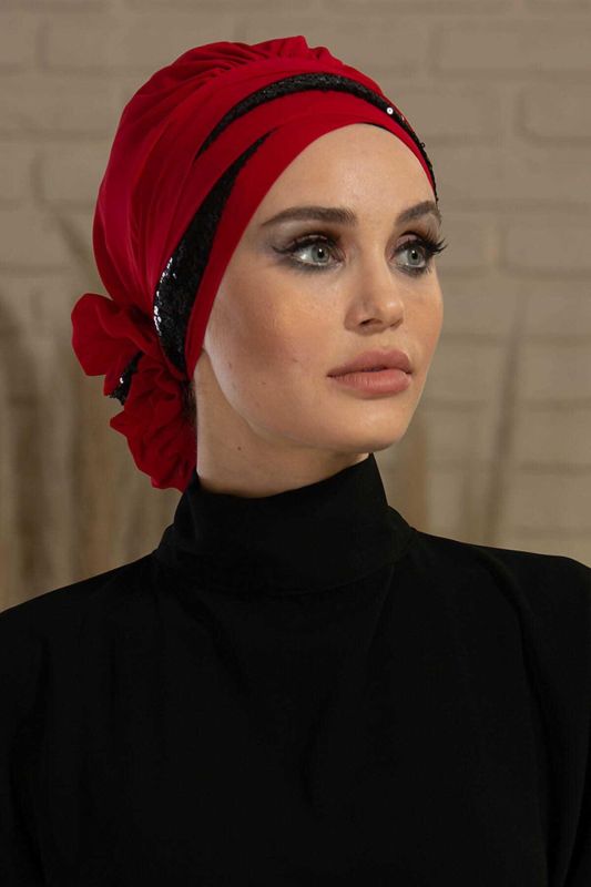 Parlak Payetli Özel Tasarım Şifon Hazır Türban,HT-47P Kırmızı - Siyah - 4