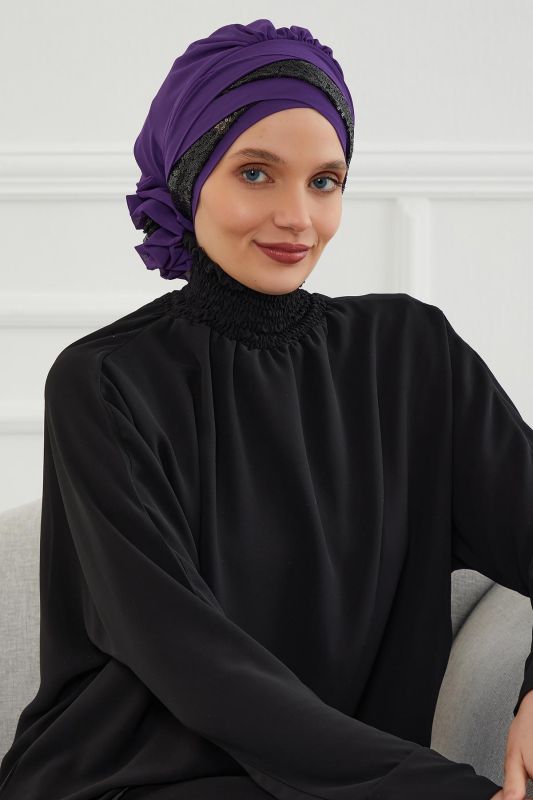 Parlak Payetli Özel Tasarım Şifon Hazır Türban,HT-47P Mor - Siyah - 1