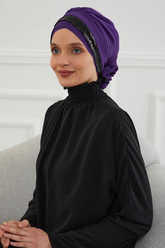 Parlak Payetli Özel Tasarım Şifon Hazır Türban,HT-47P Mor - Siyah - 4
