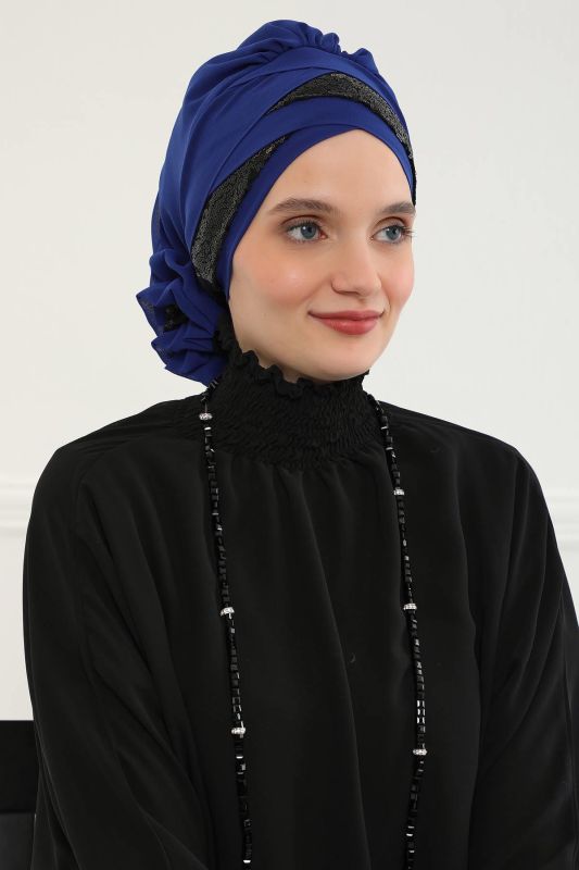 Parlak Payetli Özel Tasarım Şifon Hazır Türban,HT-47P Saks - Siyah - 2