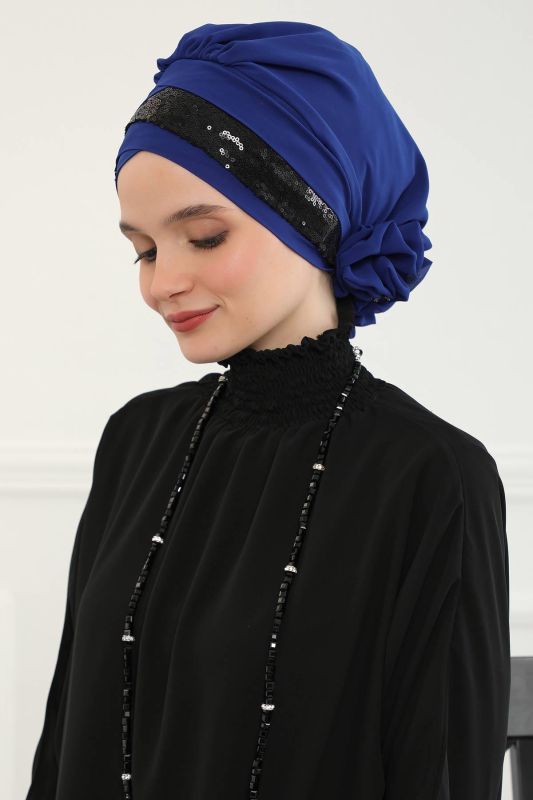 Parlak Payetli Özel Tasarım Şifon Hazır Türban,HT-47P Saks - Siyah - 6