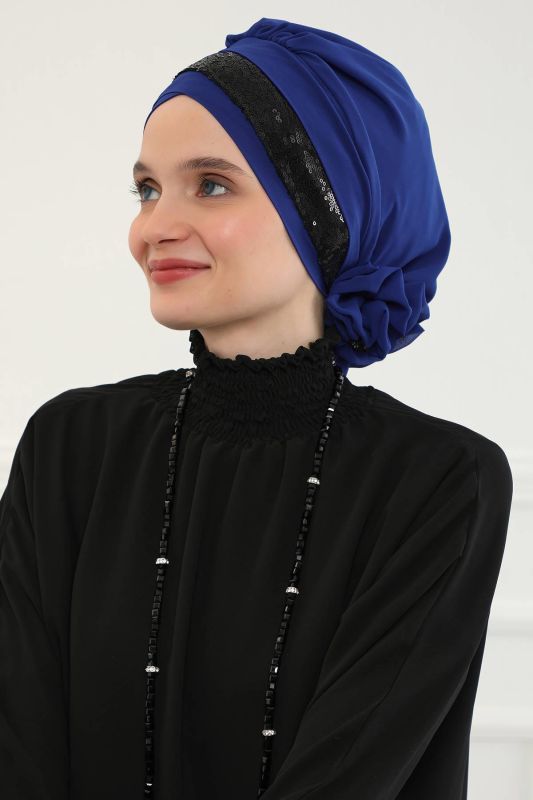 Parlak Payetli Özel Tasarım Şifon Hazır Türban,HT-47P Saks - Siyah - 8