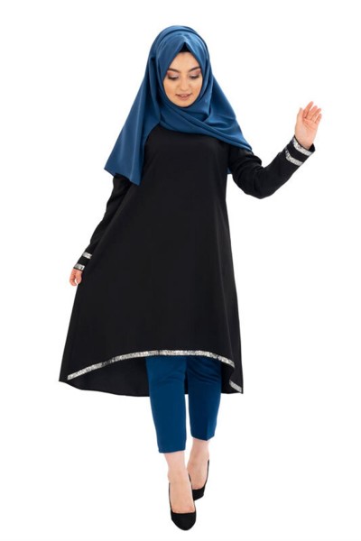 Moda Pinhan - Payet Detaylı Tesettür Tunik Siyah