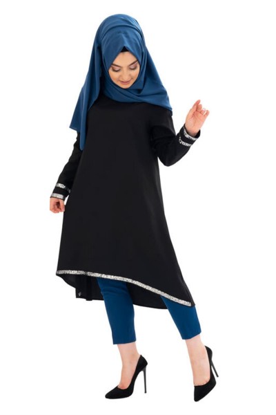 Payet Detaylı Tesettür Tunik Siyah - Thumbnail