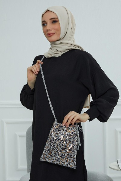 Moda Çizgi - Sequined Long Strap Bag,CE-10 Gray Brown Sequined