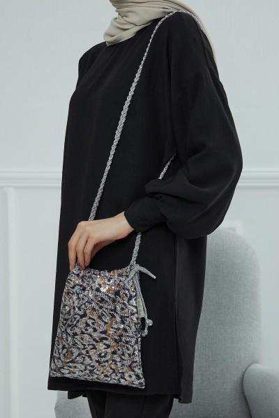 Sequined Long Strap Bag,CE-10 Gray Brown Sequined - Thumbnail