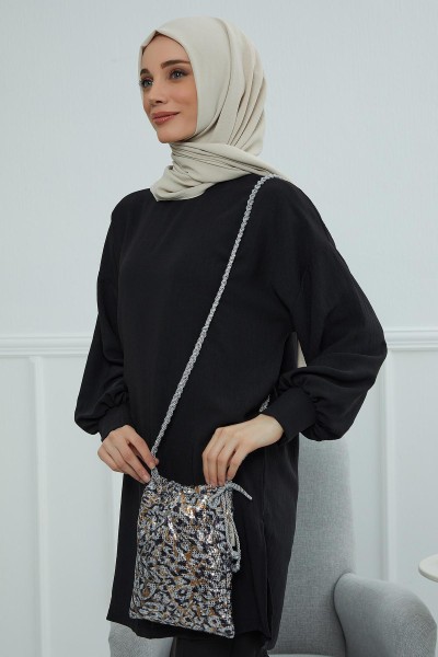 Sequined Long Strap Bag,CE-10 Gray Brown Sequined - Thumbnail