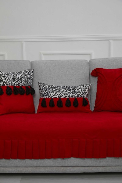 Pileli 3'lü Koltuk Örtüsü,KO-29 Kırmızı - Thumbnail