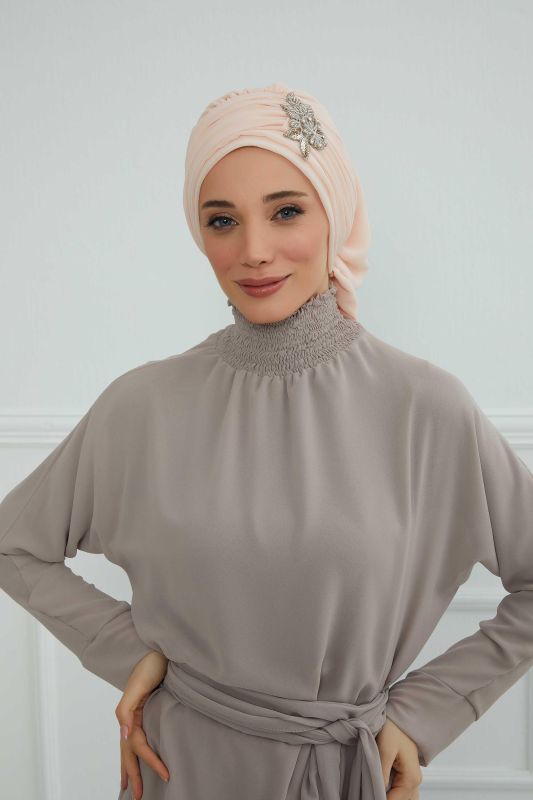 Pileli Taş Çiçek Aksesuarlı Şifon Hazır Türban,HT-105,HT-105 Bej - 2