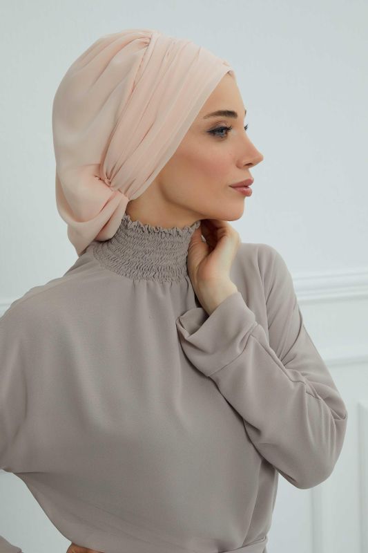 Pileli Taş Çiçek Aksesuarlı Şifon Hazır Türban,HT-105,HT-105 Bej - 4