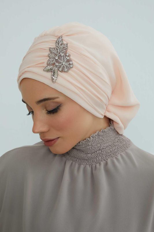 Pileli Taş Çiçek Aksesuarlı Şifon Hazır Türban,HT-105,HT-105 Bej - 6