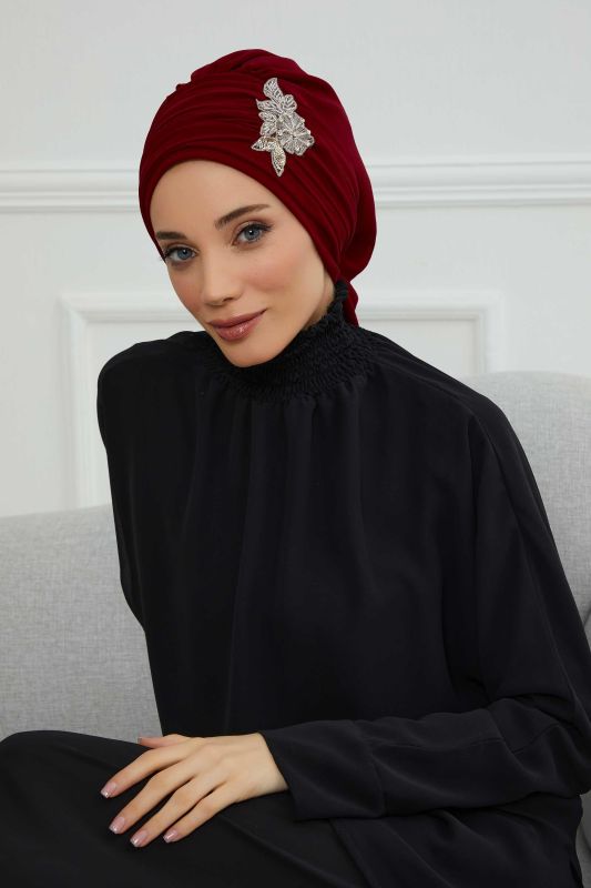 Pileli Taş Çiçek Aksesuarlı Şifon Hazır Türban,HT-105,HT-105 Bordo - 1