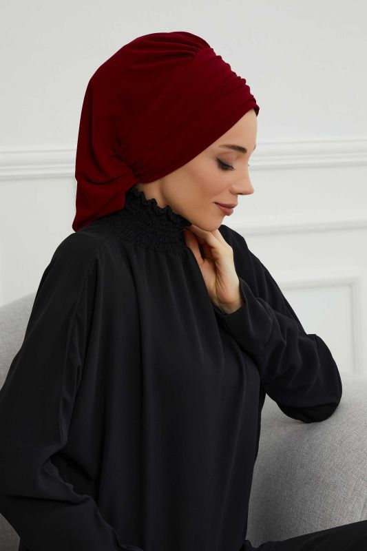 Pileli Taş Çiçek Aksesuarlı Şifon Hazır Türban,HT-105,HT-105 Bordo - 2