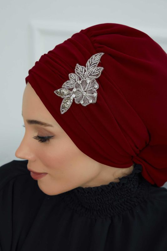Pileli Taş Çiçek Aksesuarlı Şifon Hazır Türban,HT-105,HT-105 Bordo - 3