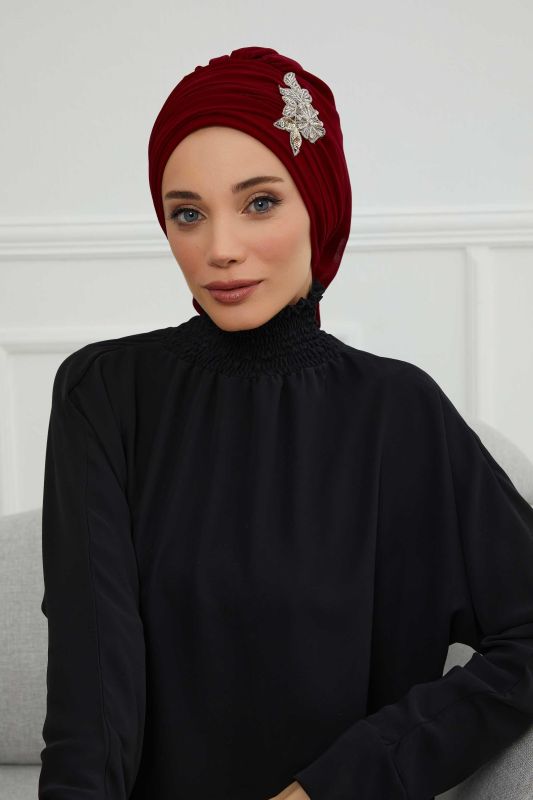 Pileli Taş Çiçek Aksesuarlı Şifon Hazır Türban,HT-105,HT-105 Bordo - 4