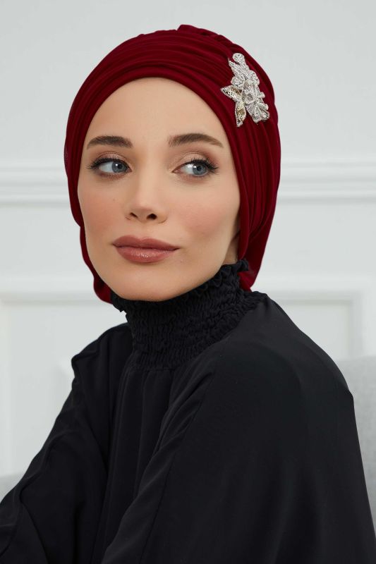 Pileli Taş Çiçek Aksesuarlı Şifon Hazır Türban,HT-105,HT-105 Bordo - 5