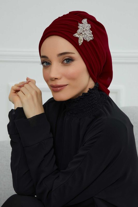 Pileli Taş Çiçek Aksesuarlı Şifon Hazır Türban,HT-105,HT-105 Bordo - 6