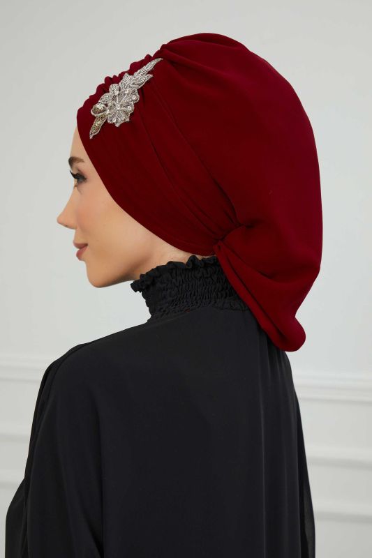 Pileli Taş Çiçek Aksesuarlı Şifon Hazır Türban,HT-105,HT-105 Bordo - 7