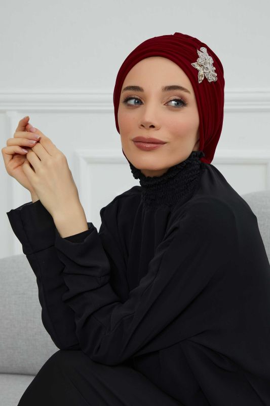 Pileli Taş Çiçek Aksesuarlı Şifon Hazır Türban,HT-105,HT-105 Bordo - 8