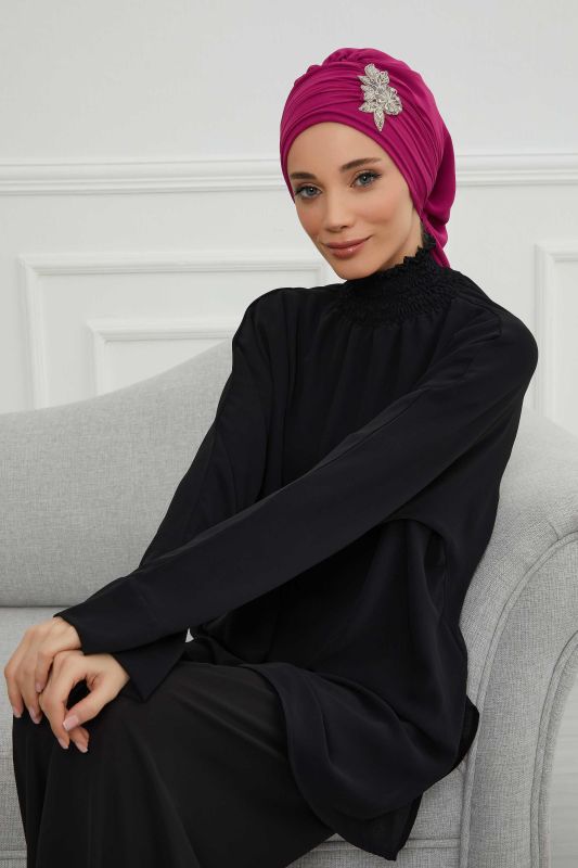 Pileli Taş Çiçek Aksesuarlı Şifon Hazır Türban,HT-105,HT-105 Fuşya - 2