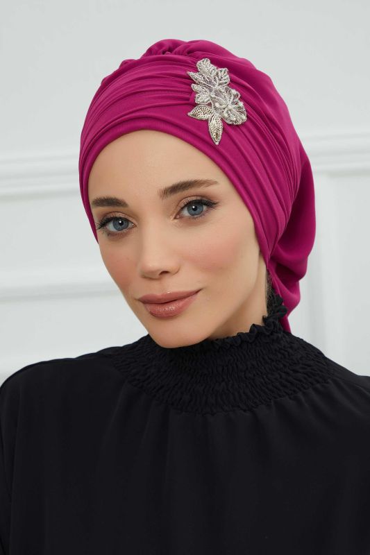 Pileli Taş Çiçek Aksesuarlı Şifon Hazır Türban,HT-105,HT-105 Fuşya - 3