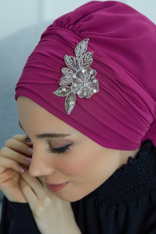 Pileli Taş Çiçek Aksesuarlı Şifon Hazır Türban,HT-105,HT-105 Fuşya - 4