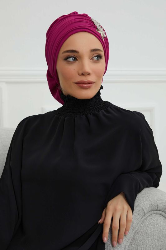 Pileli Taş Çiçek Aksesuarlı Şifon Hazır Türban,HT-105,HT-105 Fuşya - 5