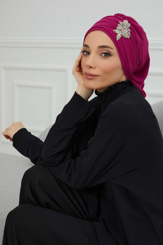 Pileli Taş Çiçek Aksesuarlı Şifon Hazır Türban,HT-105,HT-105 Fuşya - 7