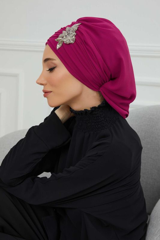 Pileli Taş Çiçek Aksesuarlı Şifon Hazır Türban,HT-105,HT-105 Fuşya - 8