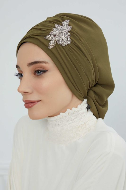 Pileli Taş Çiçek Aksesuarlı Şifon Hazır Türban,HT-105,HT-105 Haki Yeşili - 3