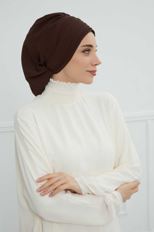 Pileli Taş Çiçek Aksesuarlı Şifon Hazır Türban,HT-105,HT-105 Kahverengi - 5