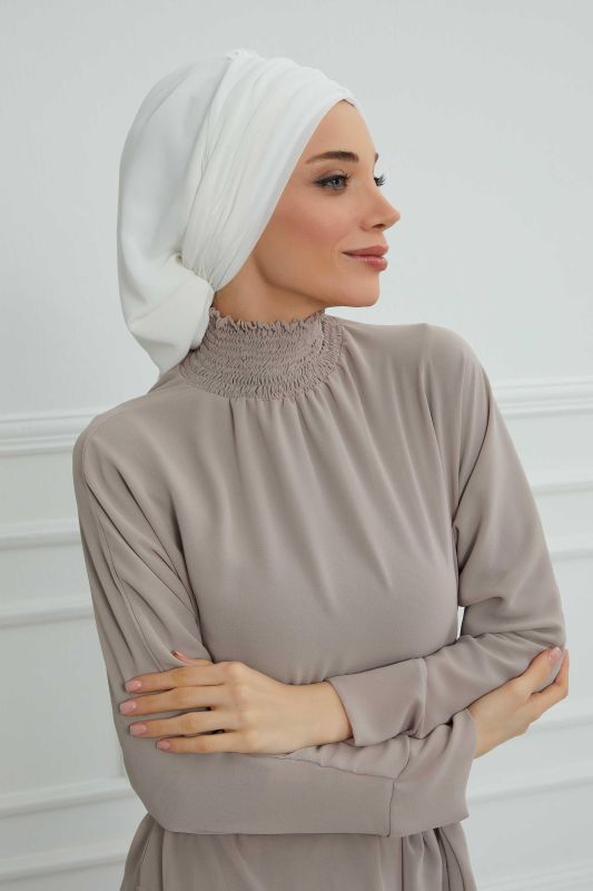 Pileli Taş Çiçek Aksesuarlı Şifon Hazır Türban,HT-105,HT-105 Kırık Beyaz - 5